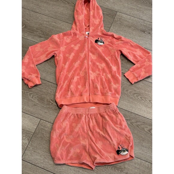 Disney Other - Disney Minnie Mouse Pink Burnout Hooded Zip Sweater Matching Set Shorts Size 13